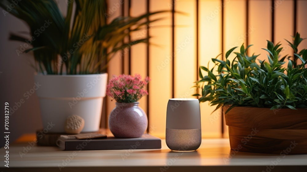Sleek smart speaker sits beside potted plant in room with warm light.