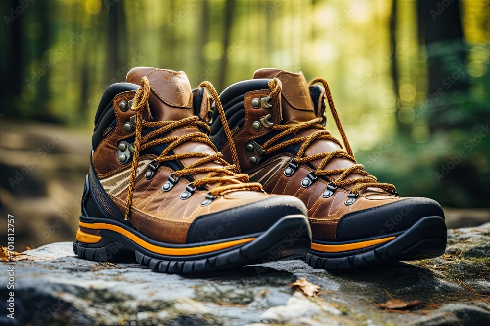 Hiking boots on a log in the forest. Travel and adventure concept, AI Generated