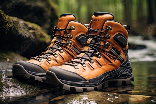 Pair of hiking boots on a stone in a forest river, AI Generated