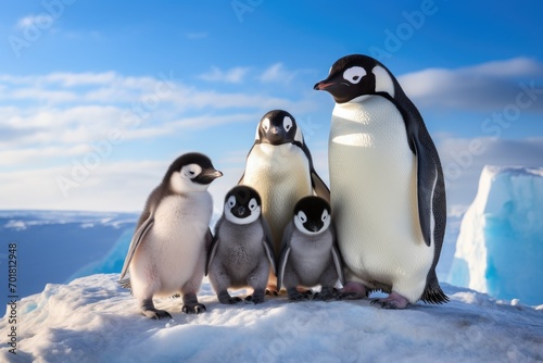 Gentoo penguins Pygoscelis papua on the ice floe  A family of penguins waddling over an icy terrain  AI Generated