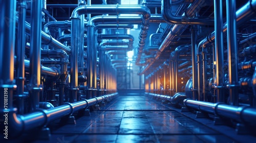 Intricate network of industrial pipes gleams with cool hues.