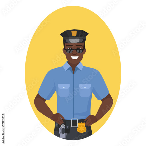 Black policeman in working uniform. Cool smiling african male police officer cartoon vector illustration
