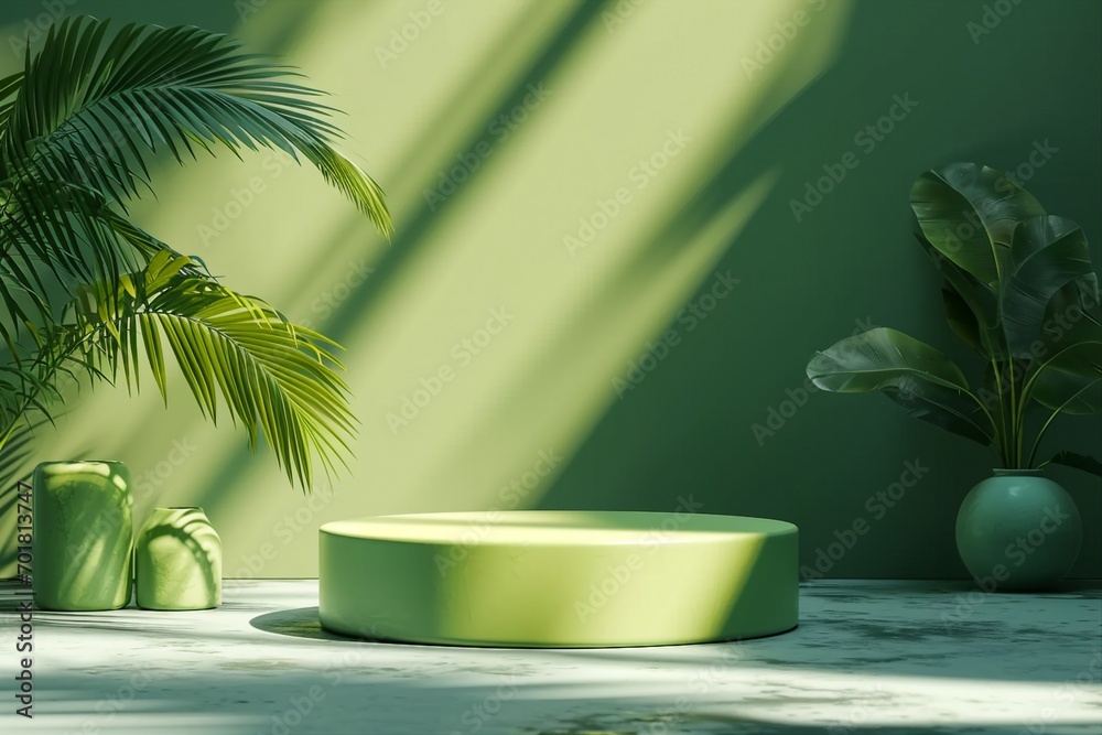 Minimal abstract podium green background for product presentation. Tropical leaf shadow on plaster wall. 3d render. Spring and summer. generative ai.