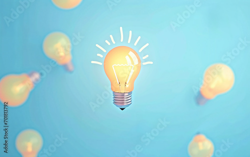 Closeup image of 3d glowing lightbulb surrounded by other lightbulb. New ideas, brainstorming concept.