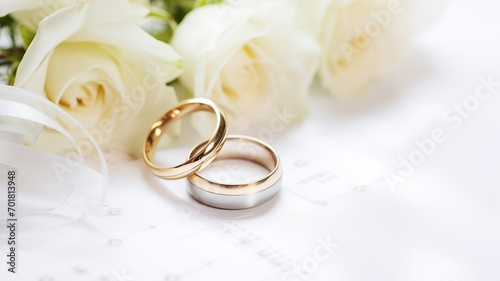 White flowers and two golden wedding rings on white background.