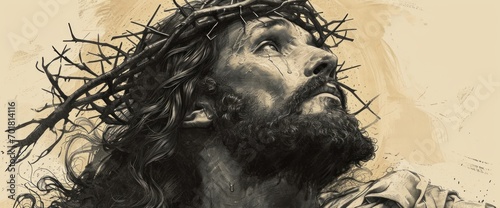 Jesus Christ with crown of thorns on grunge background. Christian illustration.