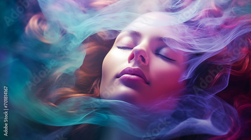 Woman's contemplative visage blending seamlessly with swirling vapors, embodying the essence of hypnosis and mental exploration.