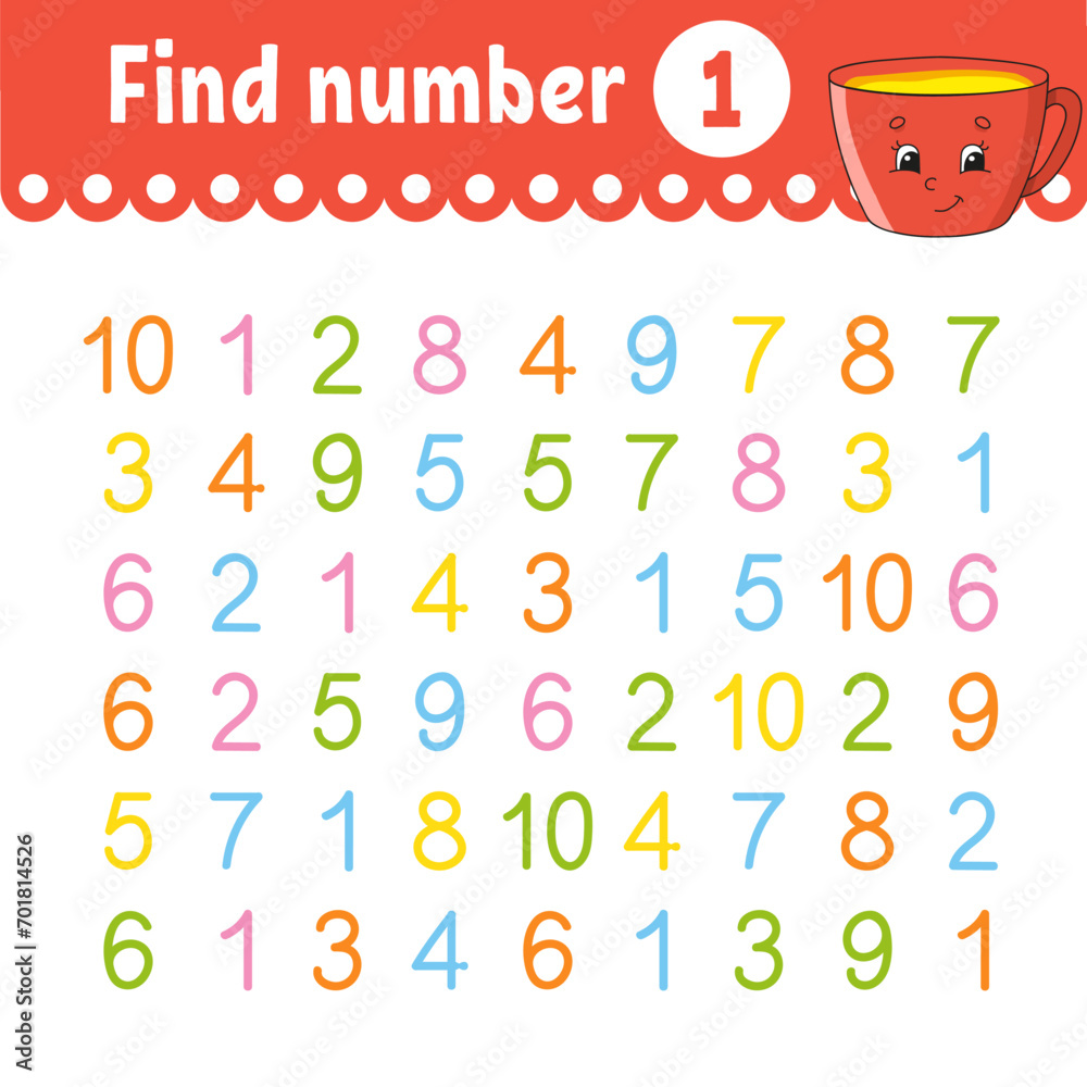 Find number. Education developing worksheet. Activity page with pictures. Game for children. Funny character. cartoon style. Vector illustration. Find number. Education developing worksheet. Activity page with pictures. Game for children. Funny character. cartoon style. Vector illustration.