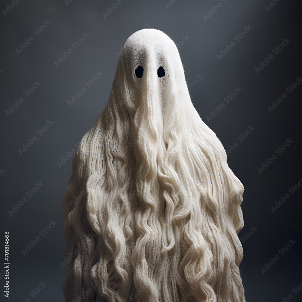 Ghost in the Dark, ghost with scary face and white skull ,A ghostly figure is captured in this haunting image, draped in a translucent plastic sheet Ghost in the Dark, ghost with scary face and white skull ,A ghostly figure is captured in this haunting image, draped in a translucent plastic sheet