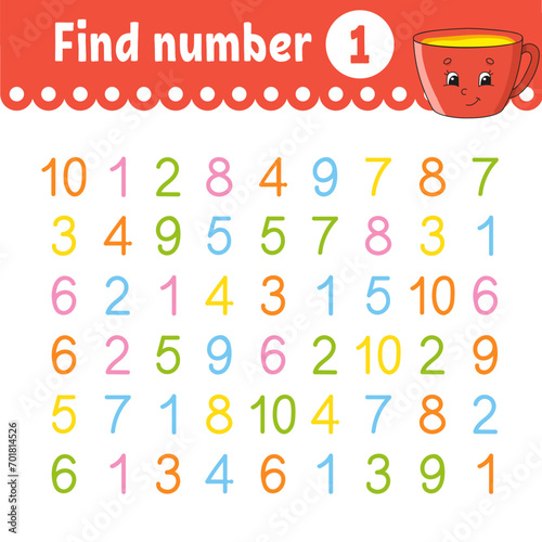 Find number. Education developing worksheet. Activity page with pictures. Game for children. Funny character. cartoon style. Vector illustration.