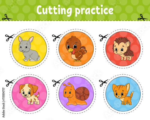 Fototapeta Naklejka Na Ścianę i Meble -  Cutting practice. Educational activity worksheet for kids and toddlers. Game for children. Vector illustration.