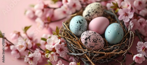 Easter eggs in nest with blooming branches on pink background, Easter banner