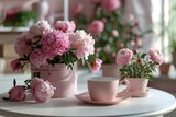 Cup of coffee and beautiful peony flowers on table in room