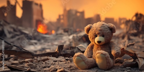 a children's toy against the background of houses destroyed by the war