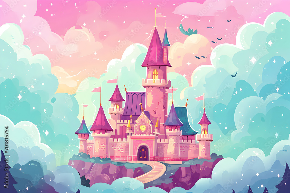 Pink princess castle in the clouds. fairy tale. fantasy. dreams - obrazy, fototapety, plakaty 