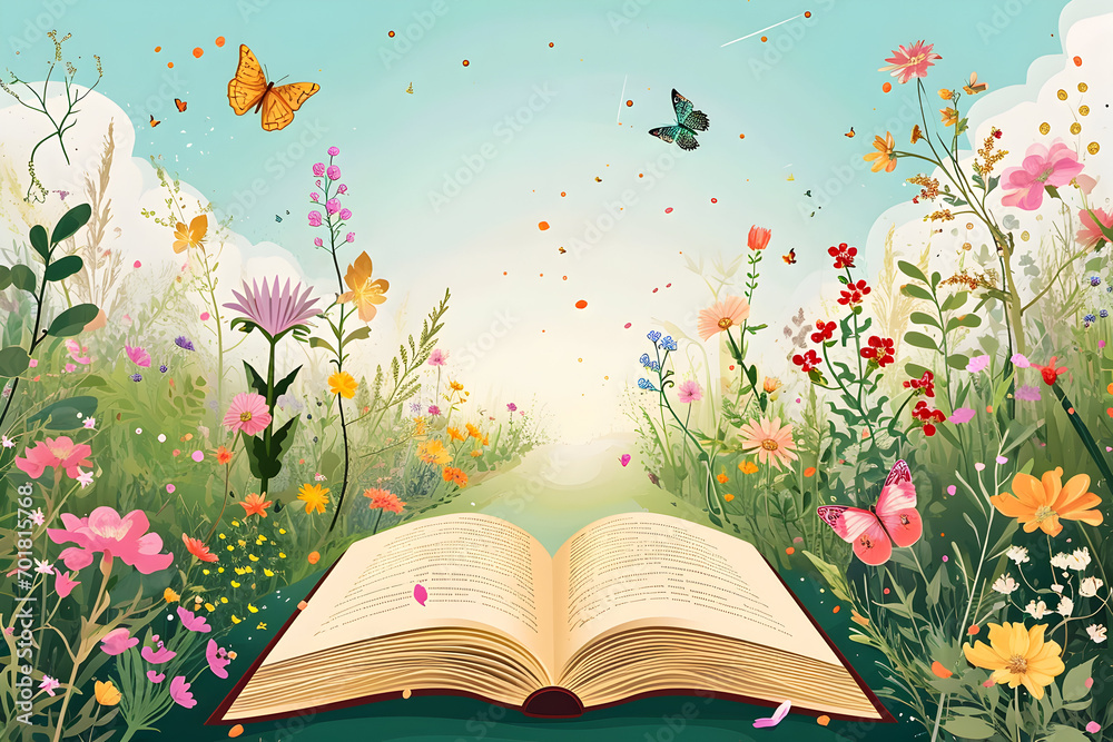 An open book is lying on the spring landscape. butterflies and flowers. escape from reality escapism - obrazy, fototapety, plakaty 