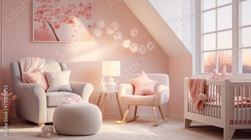 A bright nursery room with soft pastel colors and comfortable furniture photo