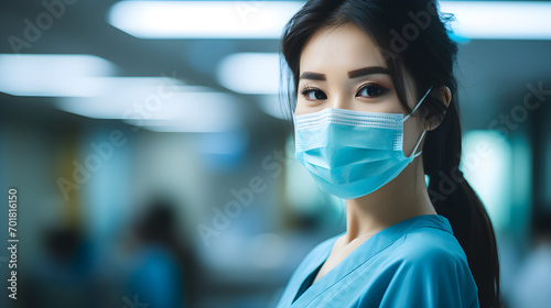 Young nurse with surgical mask in hospital blurred