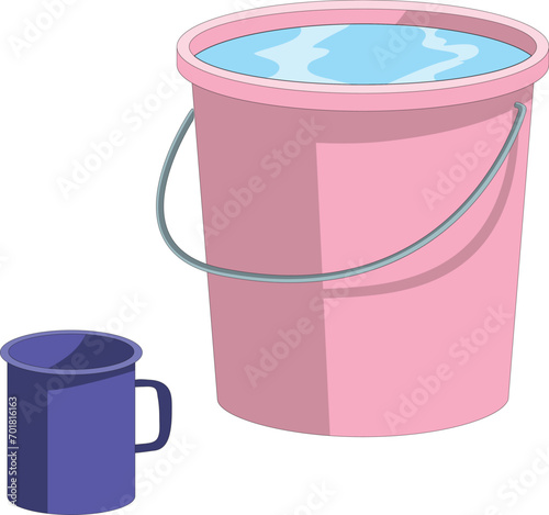 Bucket filled with water and mug vector illustration
