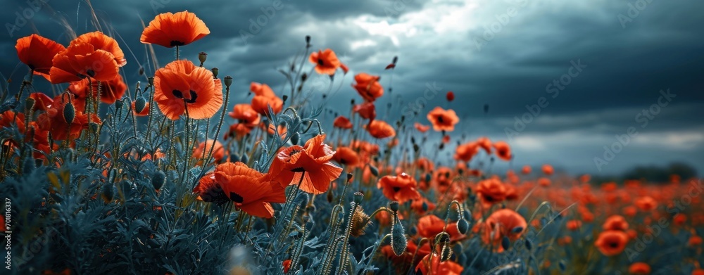 Field of red poppies on a background of stormy sky Field of red poppies on a background of stormy sky
