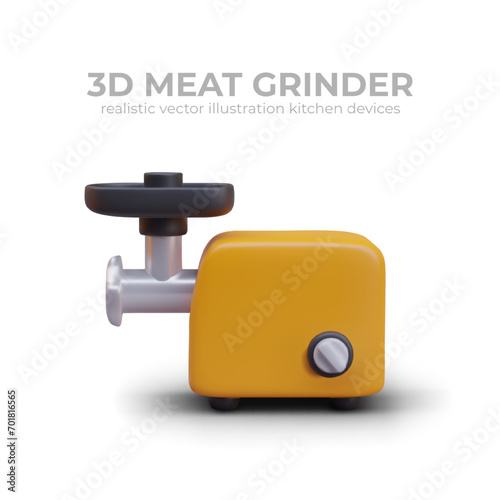 Realistic electrical meat grinder in yellow colors on white background with place for text. Home appliance for cooking meat. Vector illustration in realistic 3d style