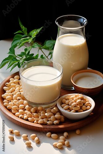 Soy milk in a glass glass on the table