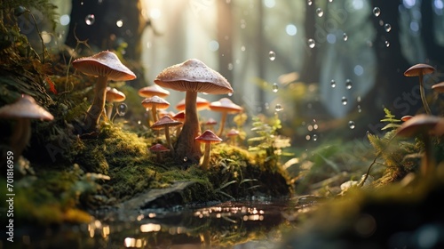 Mystical mushrooms emerge in magical forest. photo
