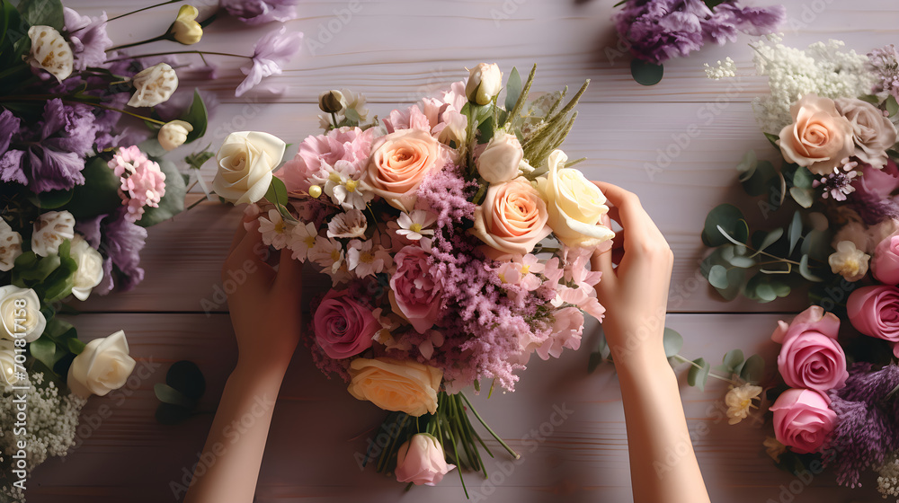 Preparation of a bouquet of flowers. Hands making a bouquet of flowers on a wooden table. Artisanal floristry for spring celebrations
