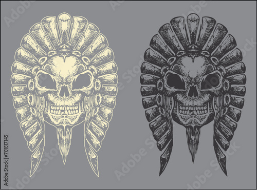 indian head skull hand draw illustration in blcak white color