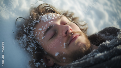 A person lying in a snowbank, eyes closed, enjoying the soft snowflakes falling on their skin.