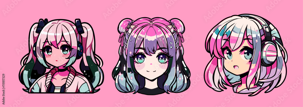Fototapeta premium Set of anime gamer girls with pink and blue hair on pink background. Illustrations for stickers or flash tattoos. 