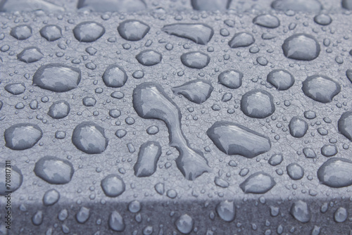 drops on metal in gray color, close-up of metal profile with cracked paint and raindrops