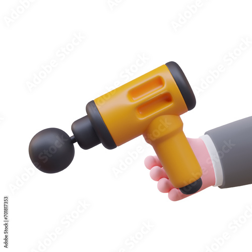 Realistic hand holds percussion massage gun. Advertising vector composition. Device for home massage, relaxation. Help for tired muscles. Color web design