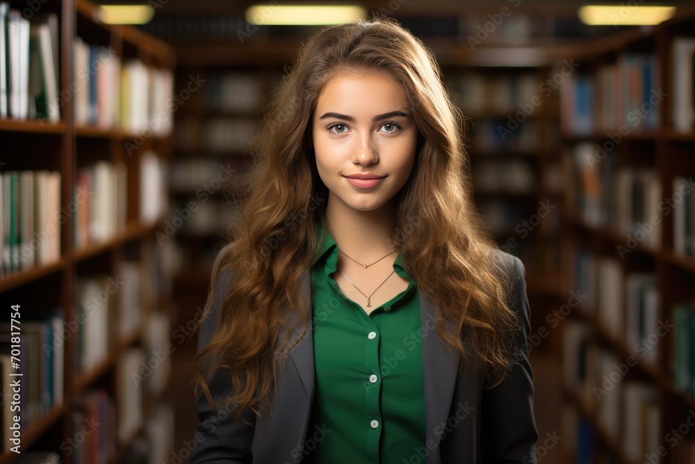 portrait of a happy female gen z high school student in the library portrait of a happy female gen z high school student in the library