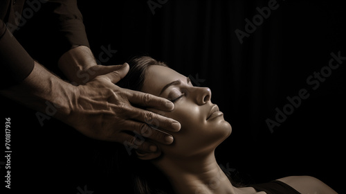 Captivating scene of a hypnotist inducing a woman into a profound state of tranquility. photo