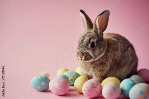 Easter bunny and colorful eggs on a pink background. Animal for banner  flayer  poster  card with copy space