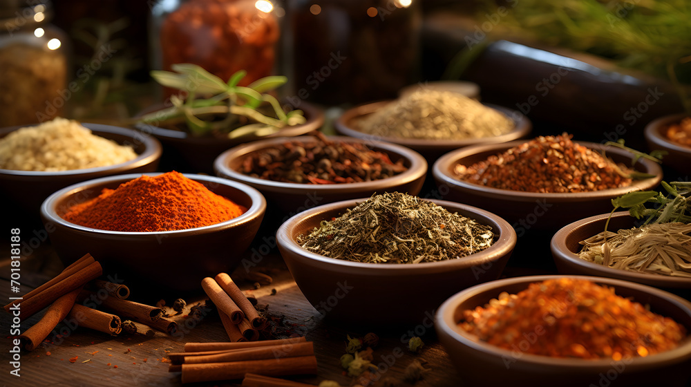 Hot spices for cooking health benefits on wooden background	