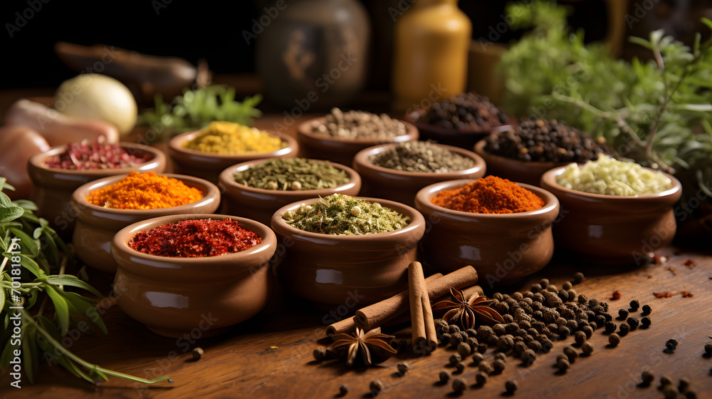 Hot spices for cooking health benefits on wooden background Hot spices for cooking health benefits on wooden background