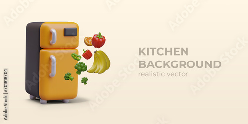 Yellow 3D refrigerator, fresh vegetables, fruits. Commercial concept in cartoon style. Vegan eco products. Kitchen equipment for food storage. Place for text, button