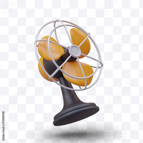 Side view of realistic portable fan in black and yellow colors. Climate device for using in room with hot temperatures. Vector illustration in 3d style with shadow