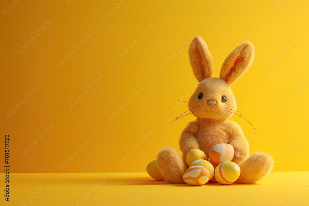 Easter bunny and colorful eggs on yellow background. Generative AI Easter bunny and colorful eggs on yellow background. Generative AI