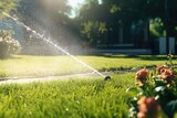 Automatic sprinkler system watering the lawn, lush lawn on a sunny day