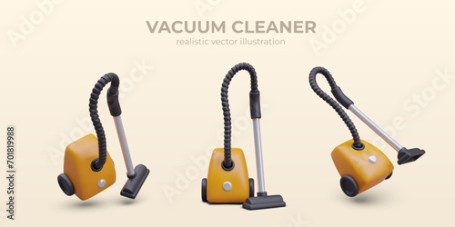 Realistic vacuum cleaners in different positions. Poster with room cleaning equipment on yellow background and place for text. Vector illustration in 3d style