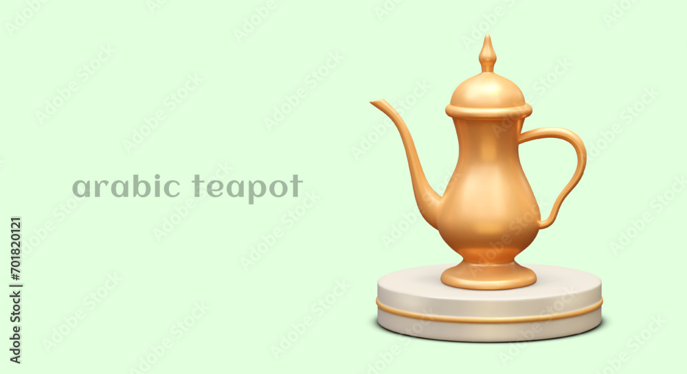 Arabic teapot on round stand. Golden dallah. Metal utensils for brewing tea. Refined serving. Teahouse advertising poster on green background. Space for text, addresses