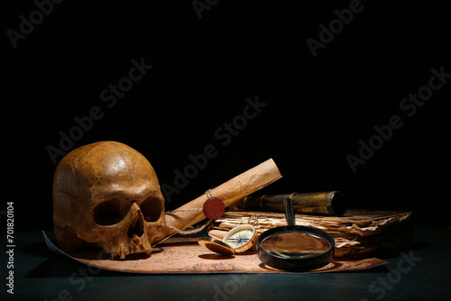 Human skull with old manusc...