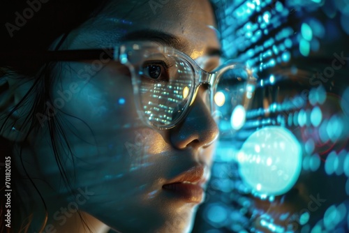 Woman with eyeglasses looking at the data on the screen.