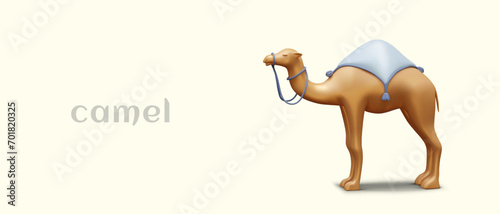 Poster with realistic camel, side view. 3D figurine of humpbacked pack animal. Saddled dromedary. Horizontal web template with space for advertising text