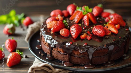 Decadent Chocolate Cake with Fresh Strawberries