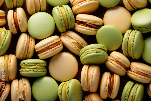 Set of many tasty macarons green and beige on bright background. Pattern of colorful french cookies. homemade food photo