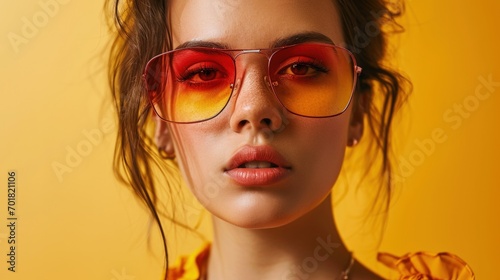 A Stylish Woman in a Vibrant Yellow Dress and Trendy Red Sunglasses
